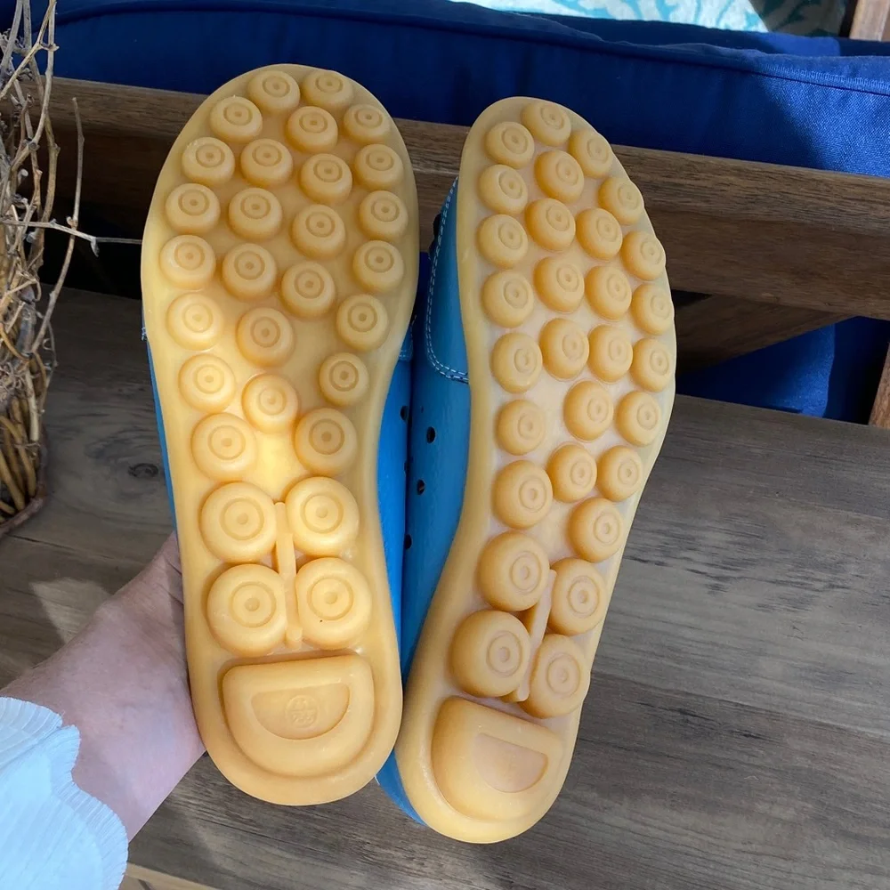 🍀 Bright Blue Perforated Leather Slip-On Flats